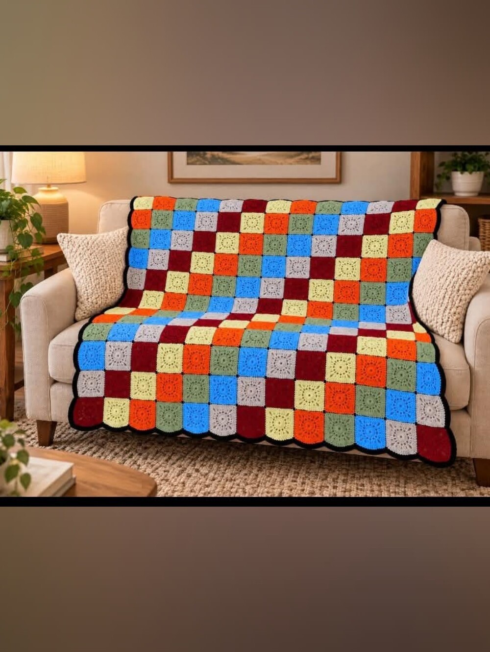🌈 Beautiful Colourful Crochet Granny Square Afghan Blanket – 5’ x 4’